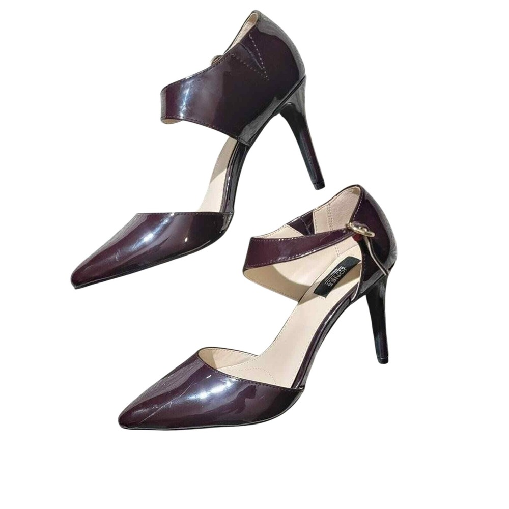 Jones New York Claire Burgundy Heels Patent Leather Pumps 8M Ankle Strap Classic